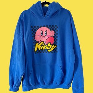 Kirby Nintendo Blue Hoodie Sweatshirt Checker Background Adult Size 2XL Gaming